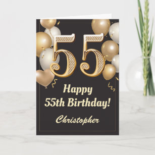 55th Birthday Black and Gold Balloons Confetti Card