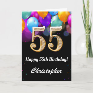 55th Birthday Black and Gold Colourful Balloons Card