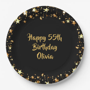 55th Birthday Black Gold Stars Name Paper Plate