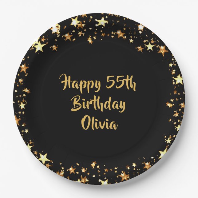 55th Birthday Black Gold Stars Name Paper Plate (Front)