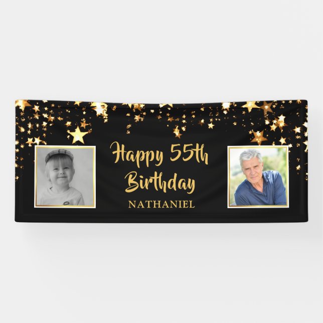 55th Birthday Black Gold Stars Photos Personalized Banner (Horizontal)