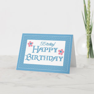 55th Birthday, Blue Check Gingham Pattern Card