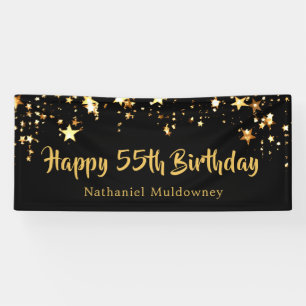 55th Birthday Brush Script Black Gold Stars Banner