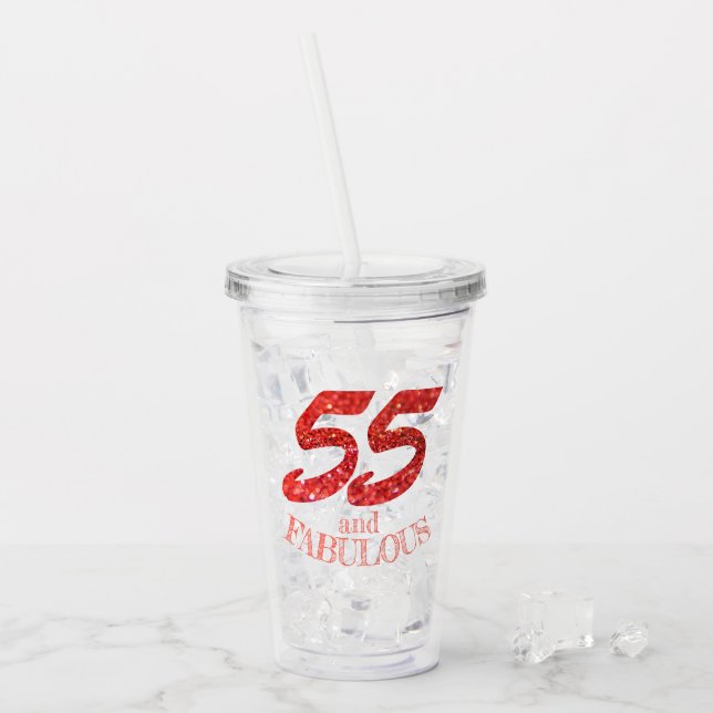 55th Birthday Celebration Coral Glitter Bokeh Acrylic Tumbler (Front Ice)
