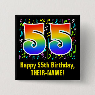 55th Birthday: Colorful Music Symbols, Rainbow 55 2 Inch Square Button