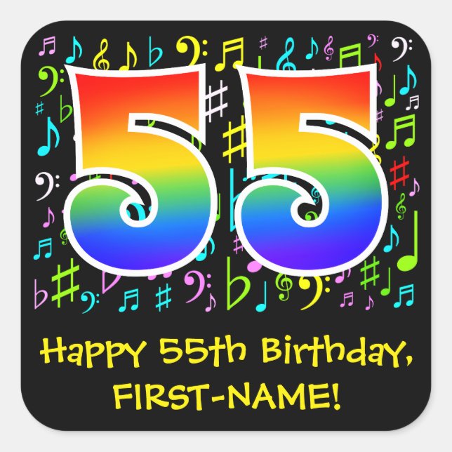 55th Birthday: Colourful Music Symbols, Rainbow 55 Square Sticker (Front)
