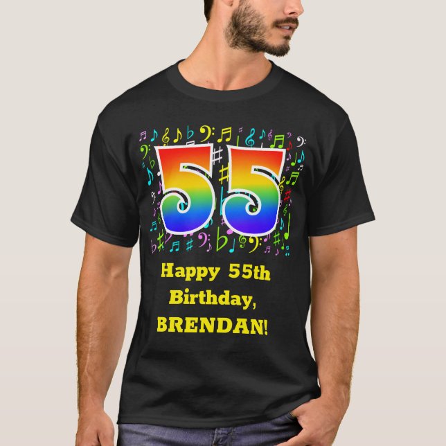 55th Birthday: Colourful Music Symbols, Rainbow 55 T-Shirt (Front)