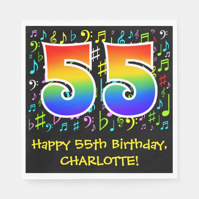 55th Birthday - Colourful Music Symbols, Rainbow 5 Napkin (Front)