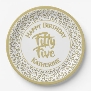55th Birthday Cool  Number Pattern Gold/White Paper Plate