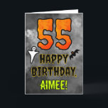 55th Birthday: Eerie Halloween Theme   Custom Name Card<br><div class="desc">The front of this spooky and scary Halloween themed birthday greeting card design features a large number “55” and the message “HAPPY BIRTHDAY, ”, plus a customizable name. There are also depictions of a bat and a ghost on the front. The inside features an editable birthday greeting message, or could...</div>