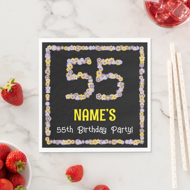 55th Birthday: Floral Flowers Number, Custom Name Napkin (Insitu)