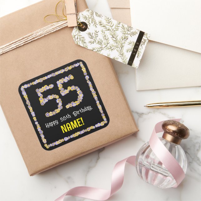 55th Birthday: Floral Flowers Number, Custom Name Square Sticker (Gifting)