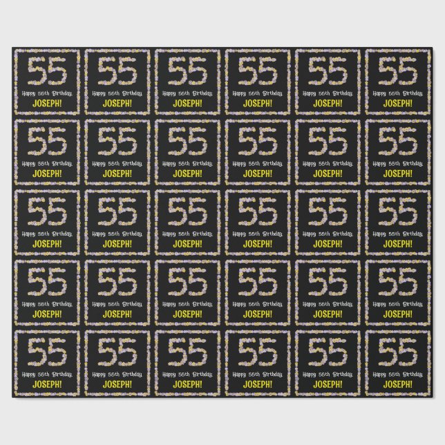 55th Birthday: Floral Flowers Number, Custom Name Wrapping Paper (Seam)