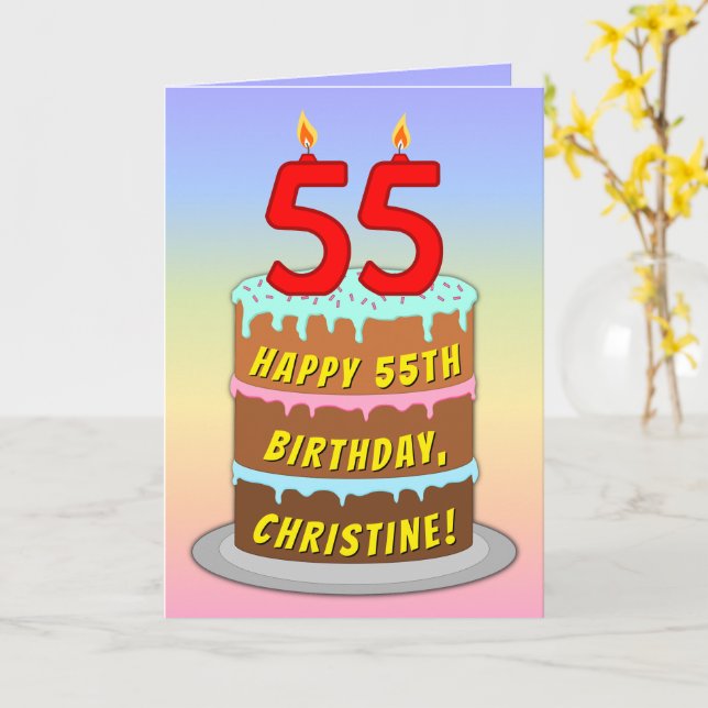 55th Birthday — Fun Cake & Candles, w/ Custom Name Card (Yellow Flower)