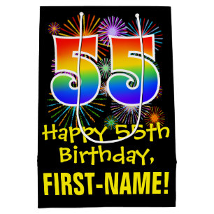 55th Birthday: Fun Fireworks Pattern + Rainbow 55 Medium Gift Bag