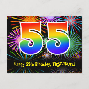 55th Birthday – Fun Fireworks Pattern + Rainbow 55 Postcard