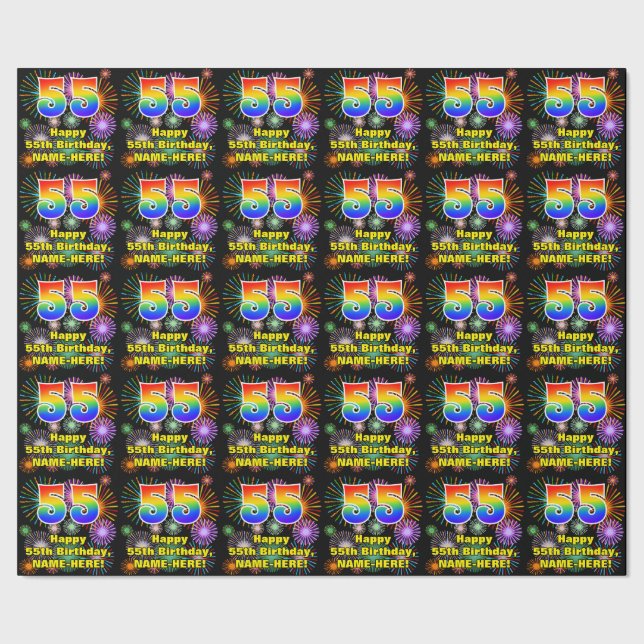 55th Birthday: Fun Fireworks, Rainbow Look # “55” Wrapping Paper (Seam)