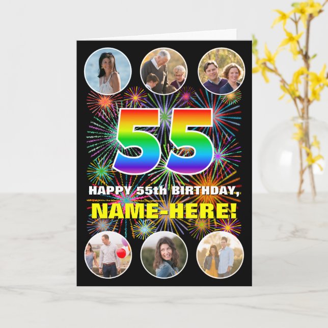 55th Birthday: Fun Rainbow #, Custom Name & Photos Card (Yellow Flower)