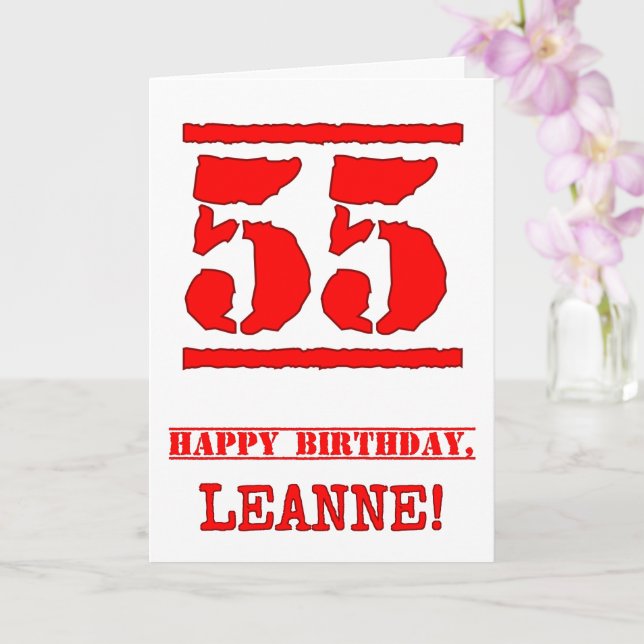 55th Birthday: Fun, Red Rubber Stamp Inspired Look Card (Orchid)