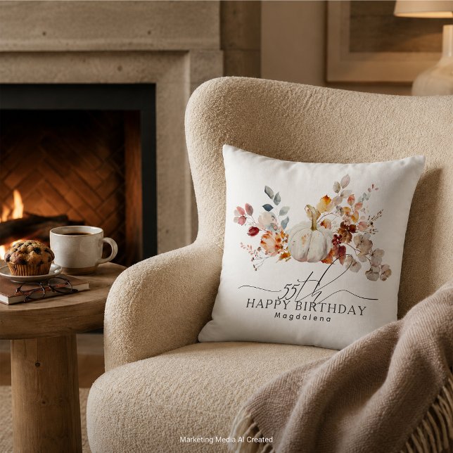 55th Birthday Gift White Pumpkin Fall Custom Throw Pillow (Creator Uploaded)