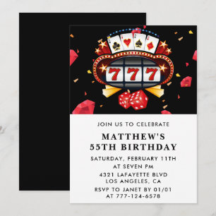 55th birthday invitations Casino theme Poker Black