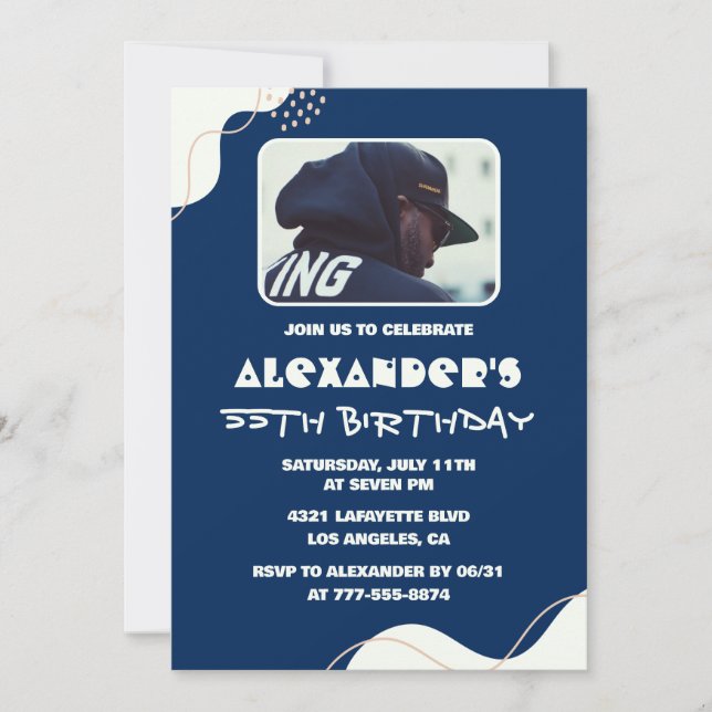 55th birthday invitations Men Photo Simple Blue  (Front)