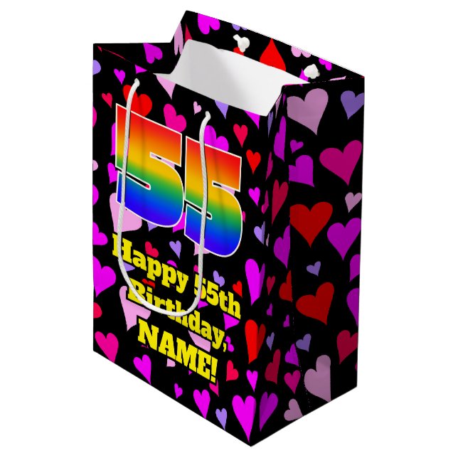 55th Birthday: Loving Hearts Pattern, Rainbow # 55 Medium Gift Bag (Front Angled)
