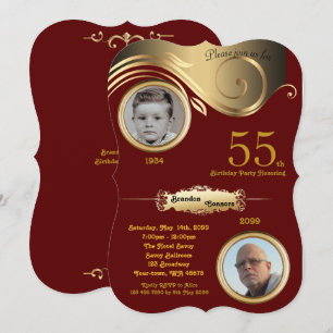 55th,Birthday Man age, art deco,Bordeaux gold Invitation