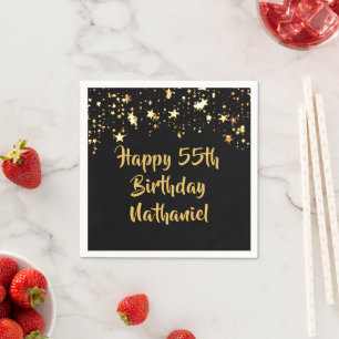 55th Birthday Modern Black Gold Stars Name Napkin