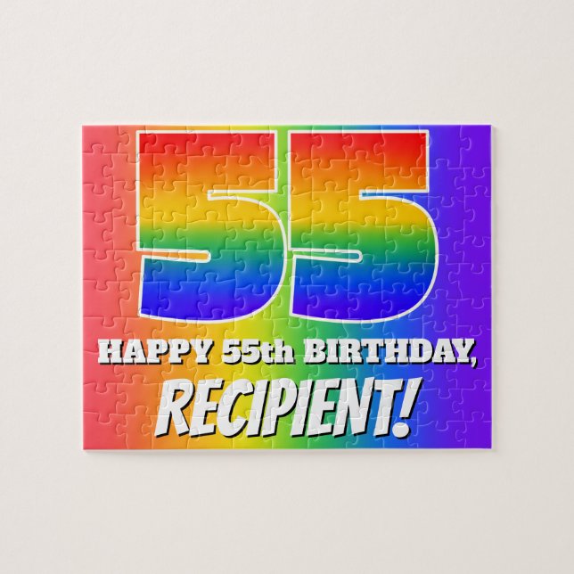 55th Birthday — Multicolored Rainbow Pattern “55” Jigsaw Puzzle (Horizontal)