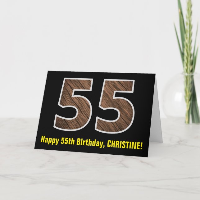 55th Birthday: Name + Faux Wood Grain Pattern "55" Card (Front)