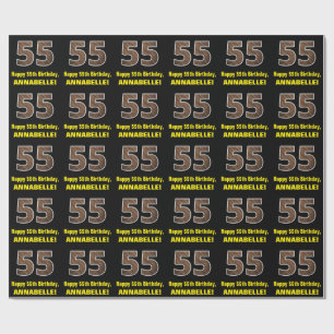 55th Birthday: Name & Faux Wood Grain Pattern "55" Wrapping Paper