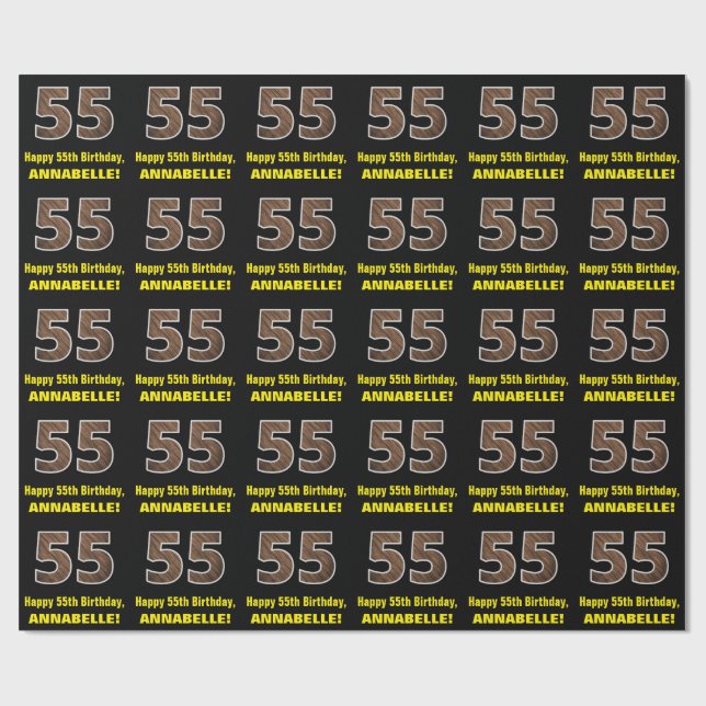 55th Birthday: Name & Faux Wood Grain Pattern "55" Wrapping Paper (Flat)