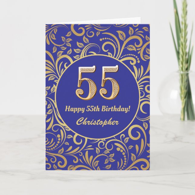 55th Birthday Navy Blue and Gold Floral Pattern Card (Front)