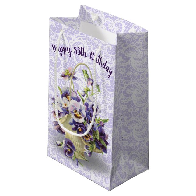 55th Birthday Pansy Basket On Lace  Small Gift Bag (Front Angled)