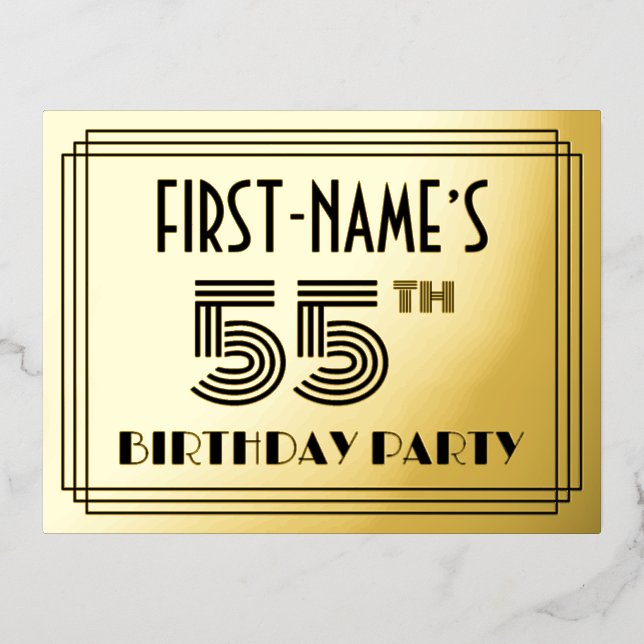 55th Birthday Party ~ Art Deco Style “55” + Name Foil Invitation Postcard (Front)