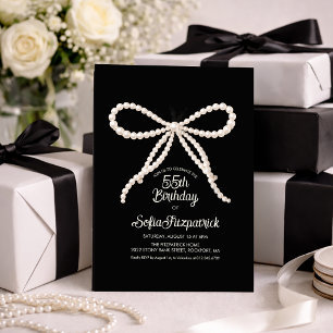 55th Birthday Party Black White Pearl Bow Invitation