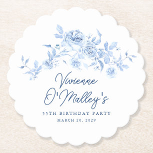 55th Birthday Party Blue Rose Floral Custom Paper Coaster
