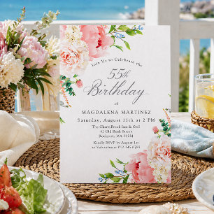 55th Birthday Party Feminine Pink Roses Floral Invitation