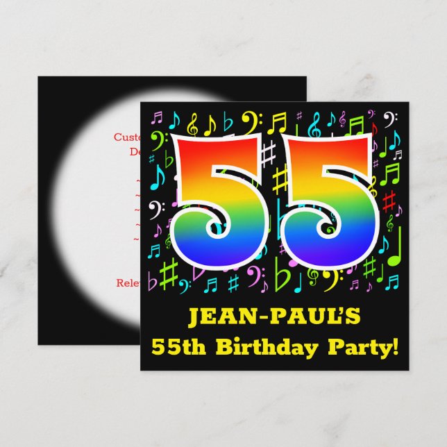 55th Birthday Party: Fun Music Symbols, Rainbow 55 Invitation (Front/Back)
