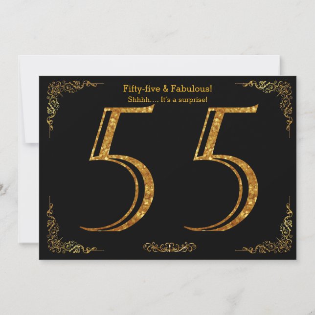 55th Birthday party,Gatsby styl,black gold glitter Invitation (Front)