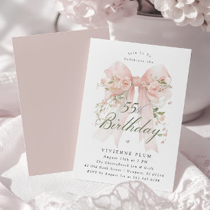 55th Birthday Party Pink Coquette Bow Rose Floral Invitation
