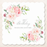 55th Birthday Party Pink Floral Custom Paper Coaster<br><div class="desc">A beautiful and feminine custom paper coaster to celebrate a 55th birthday in elegant style. This floral design is bordered with a frame of charming pink peonies and greenery.</div>