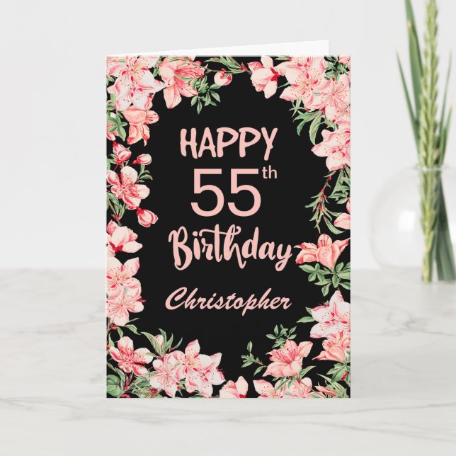 55th Birthday Pink Peach Watercolor Floral Black Card (Front)
