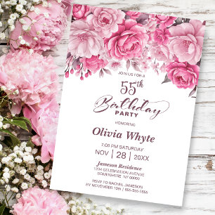 55th Birthday Pink Rose Floral Party Invitation