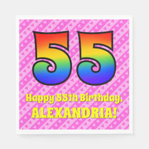 55th Birthday: Pink Stripes & Hearts, Rainbow # 55 Napkin