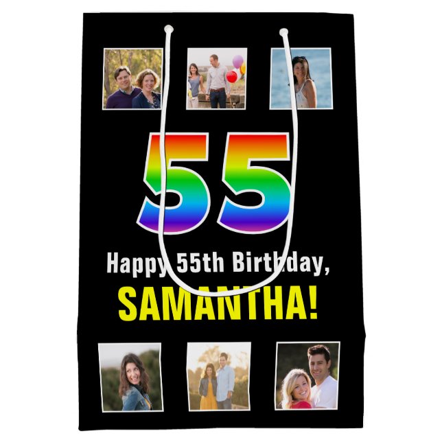 55th Birthday: Rainbow “55“, Custom Photos & Name Medium Gift Bag (Back)