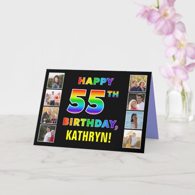 55th Birthday: Rainbow Text, Custom Photos & Name Card (Orchid)