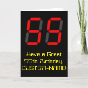 55th Birthday: Red Digital Clock Style "55" + Name Card