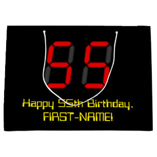 55th Birthday: Red Digital Clock Style "55" + Name Large Gift Bag